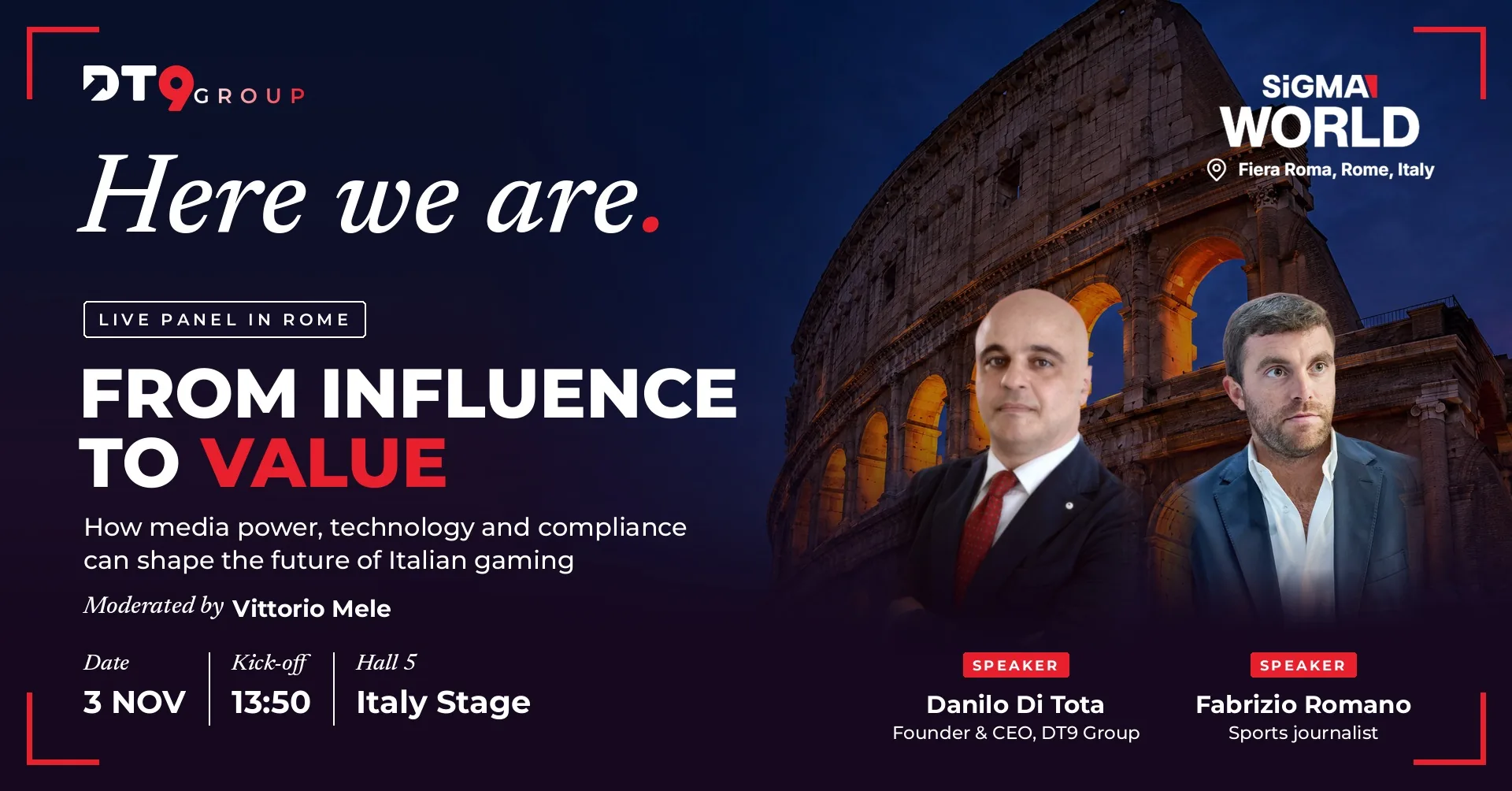 Live panel From Influence to Value at SiGMA World Rome 2026 with Danilo Di Tota and Fabrizio Romano